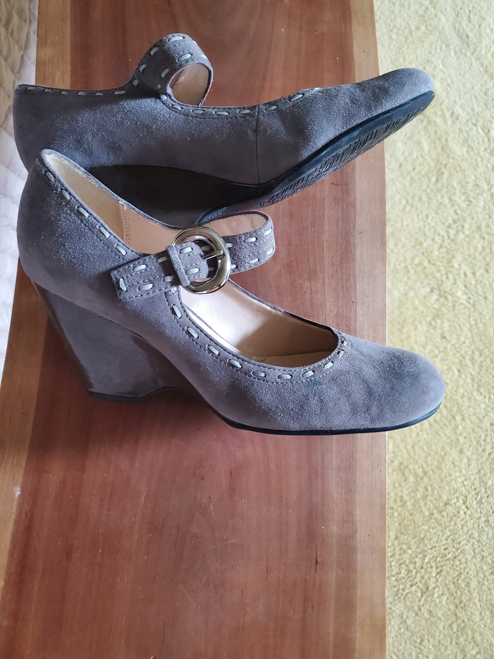 Franco Sarto Gray Suede Mary Jane Wedge Heels with Buckle